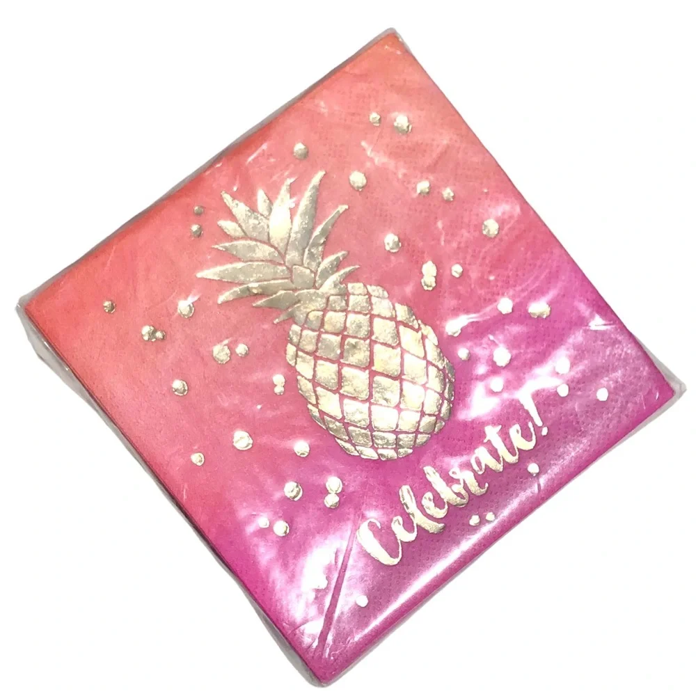 Clementine Paper Gold Foil Pineapple Cocktail Beverage Napkins (621029), 40 ct